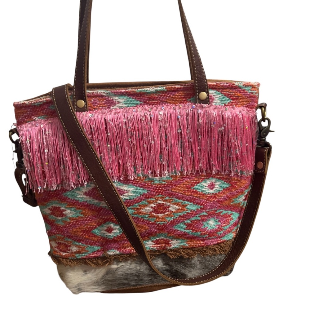Myra Bag Pink and Brown Tote with Fringe Detail